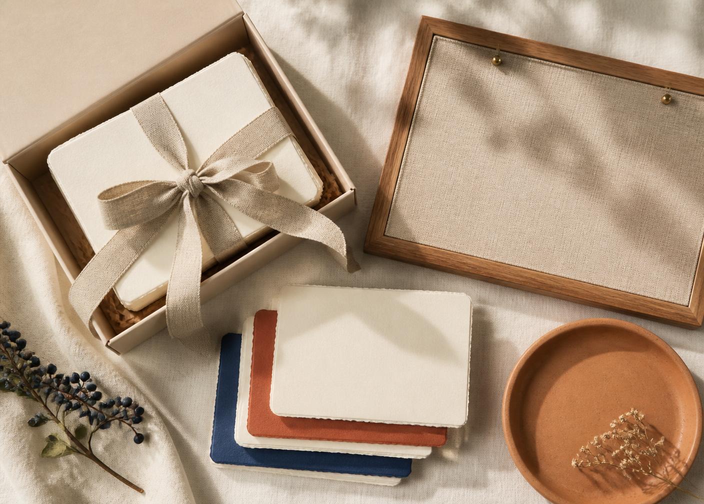 An open cream box with prompt cards, a wooden board frame and a terracotta dish on linen