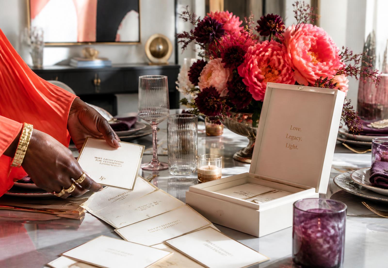 A modern dining table in bright daylight with prompt cards, a keepsake box and bold coral florals